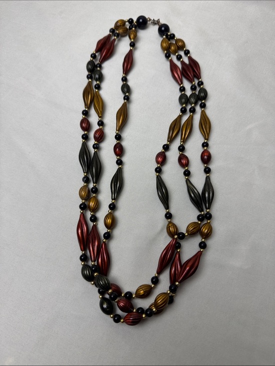 Jewelry - Multi-Strand Metallic Bead Necklace in Red, Gold & Black